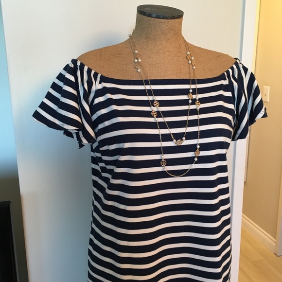 M/L Ralph Lauren Off Shoulder Knit Holiday Dress Navy White - Picture 2 of 8